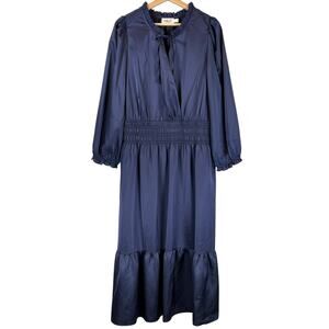 Eliza J Ruffle Trim Long Sleeve Satin Maxi Dress Womens 18 Navy NWT